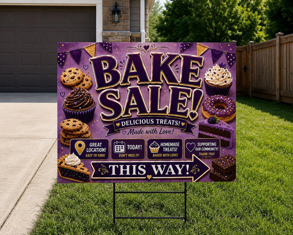Bake Sale Sign Printable – Purple & Gold Fundraiser Poster, Instant Download