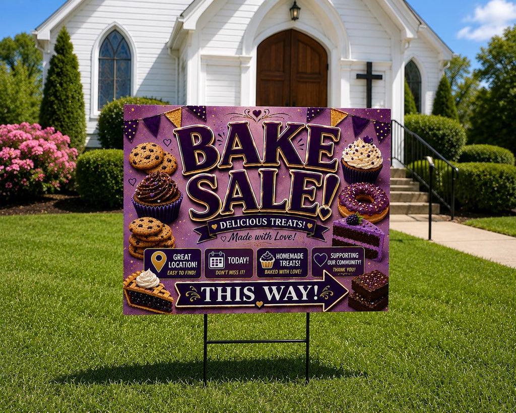 Bake Sale Sign Printable – Purple & Gold Fundraiser Poster, Instant Download