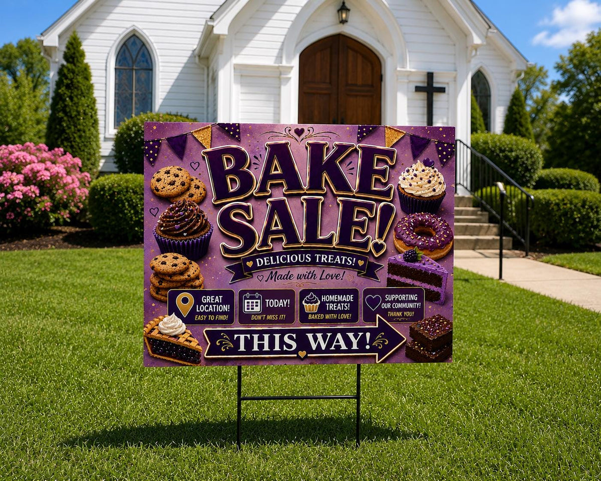Bake Sale Sign Printable – Purple & Gold Fundraiser Poster, Instant Download