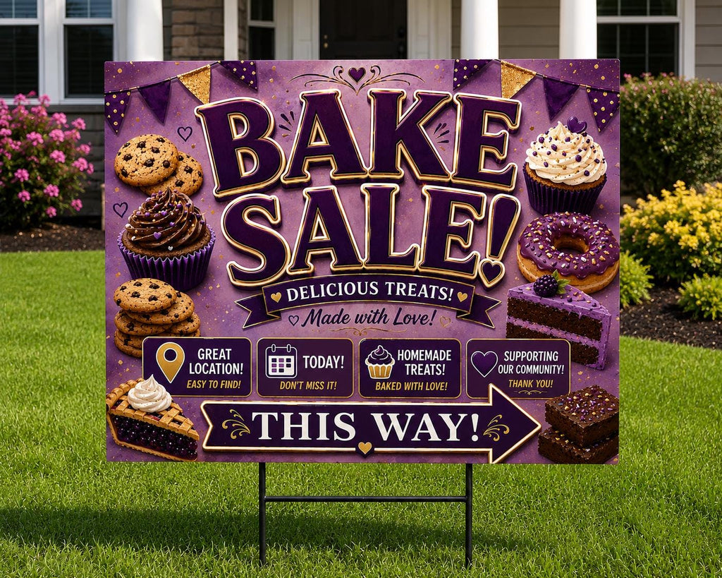 Bake Sale Sign Printable – Purple & Gold Fundraiser Poster, Instant Download