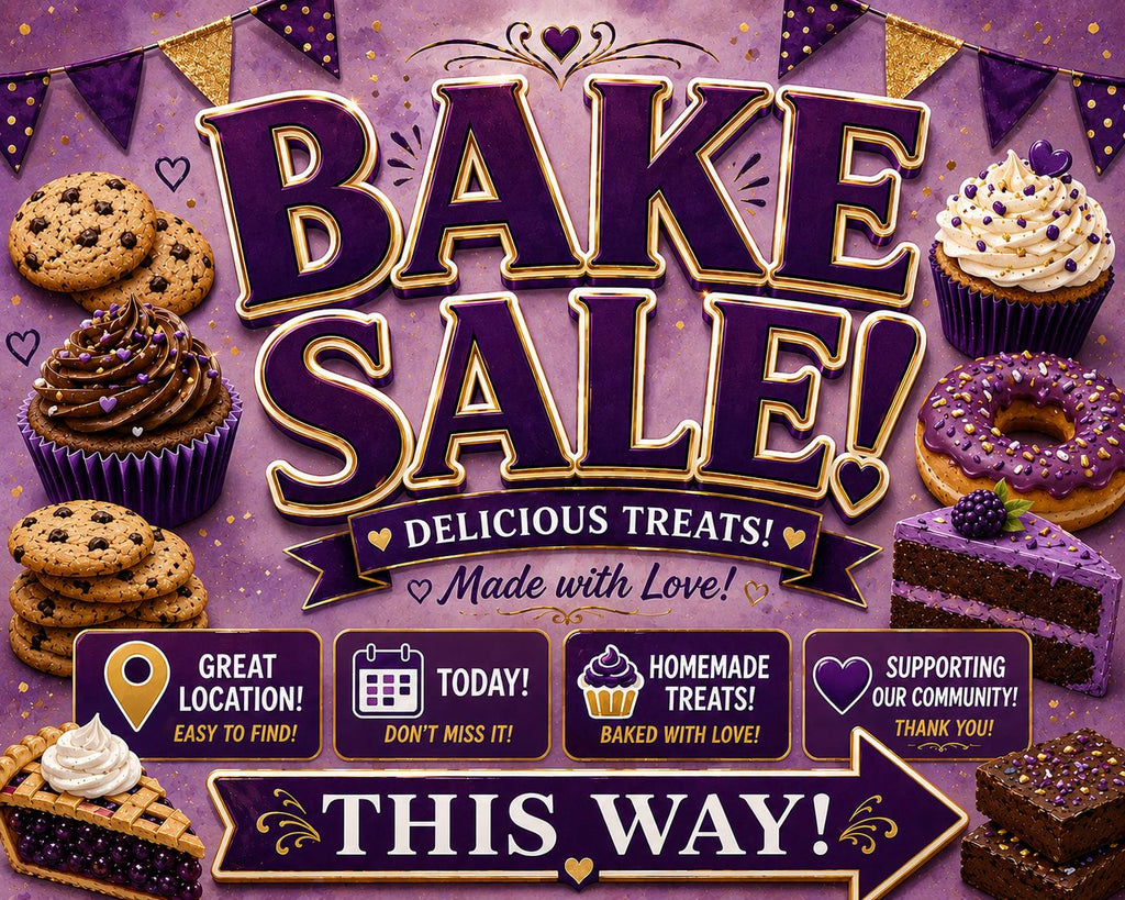 Bake Sale Sign Printable – Purple & Gold Fundraiser Poster, Instant Download