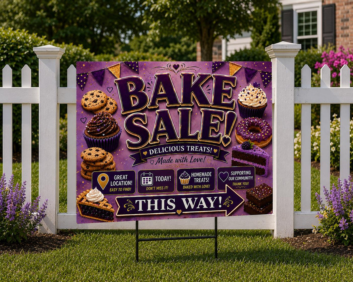 Bake Sale Sign Printable – Purple & Gold Fundraiser Poster, Instant Download