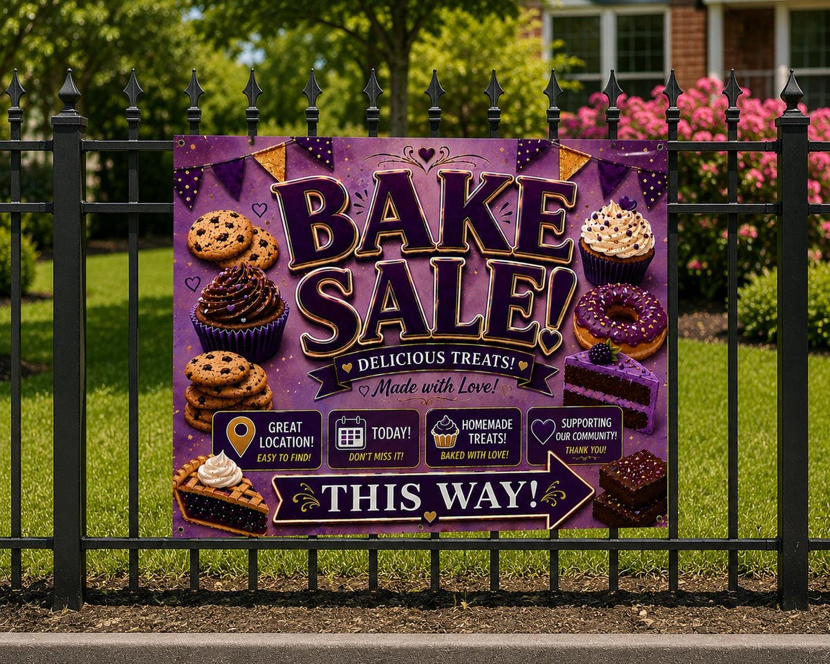 Bake Sale Sign Printable – Purple & Gold Fundraiser Poster, Instant Download