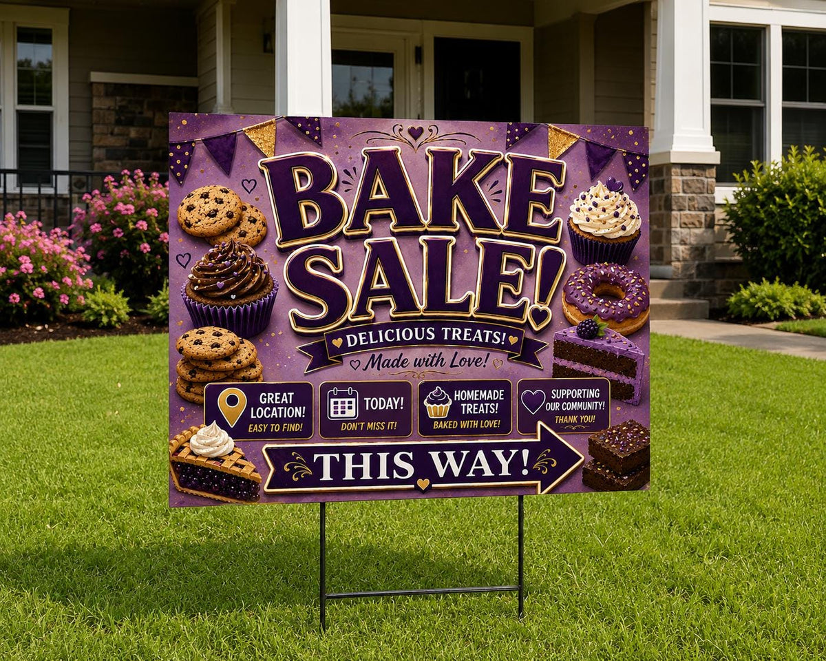 Bake Sale Sign Printable – Purple & Gold Fundraiser Poster, Instant Download